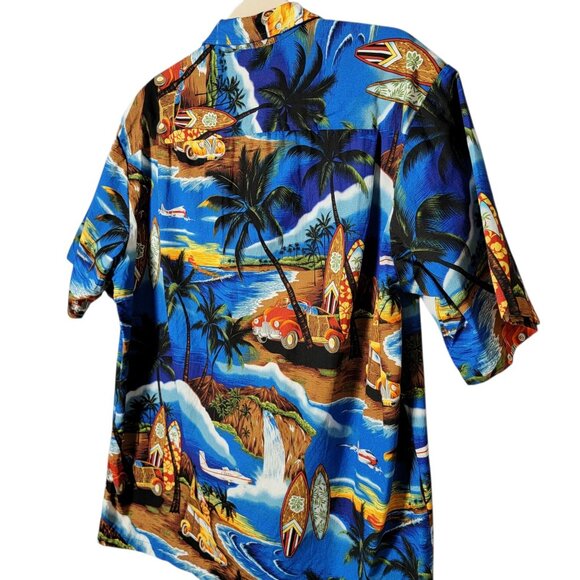 Royal Hawaiian Creations Mens Surfboard Palm Trees Cotton Button Up Shirt L - Picture 5 of 8